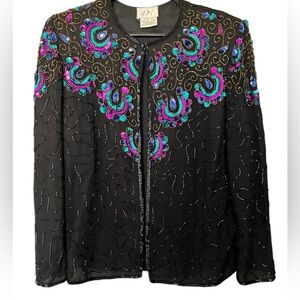 Vintage JMC Silk Beaded Sequin Jacket Black Multicolor Large Statement Glam